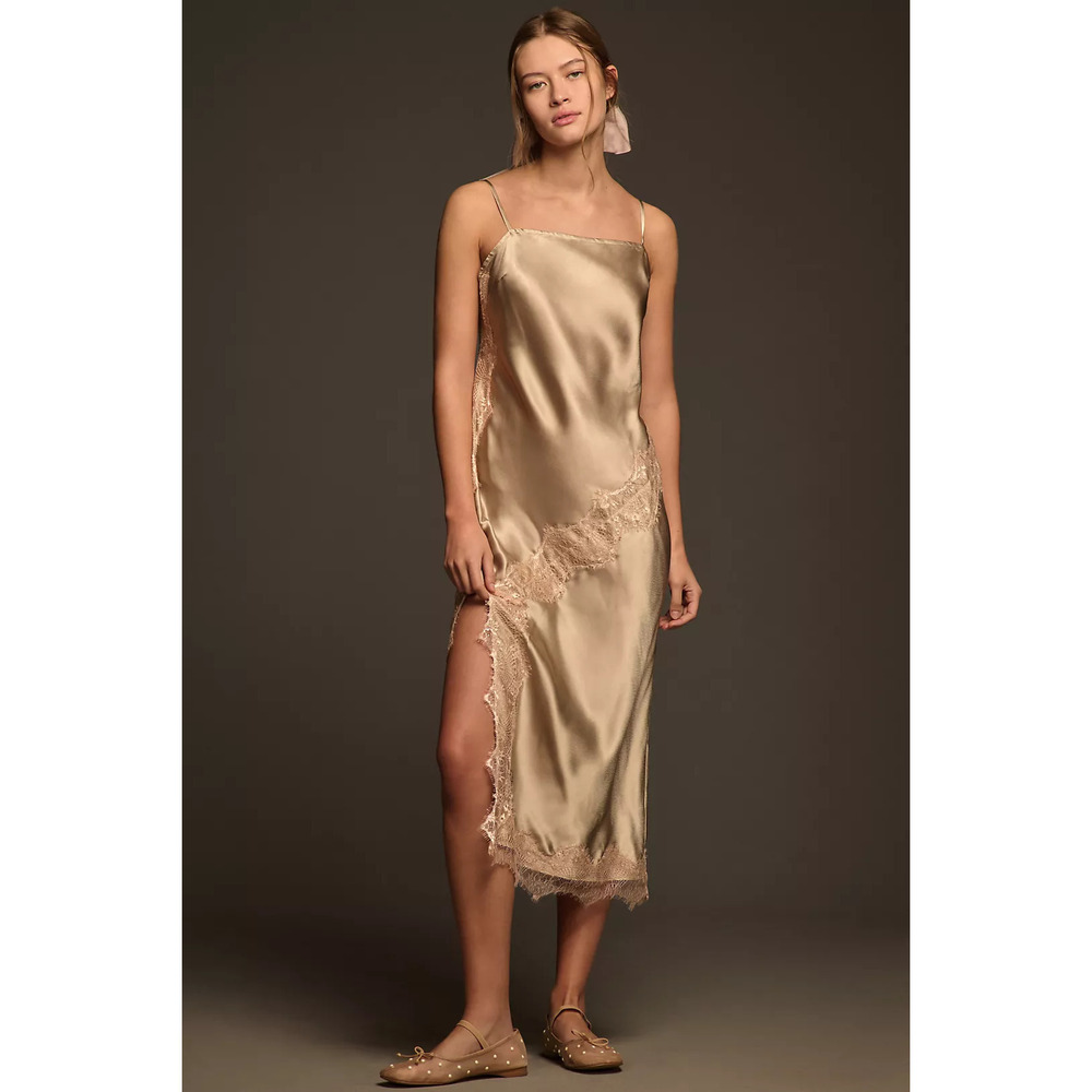 By Anthropologie Asymmetrical Lace Midi Slip Dress M NWT